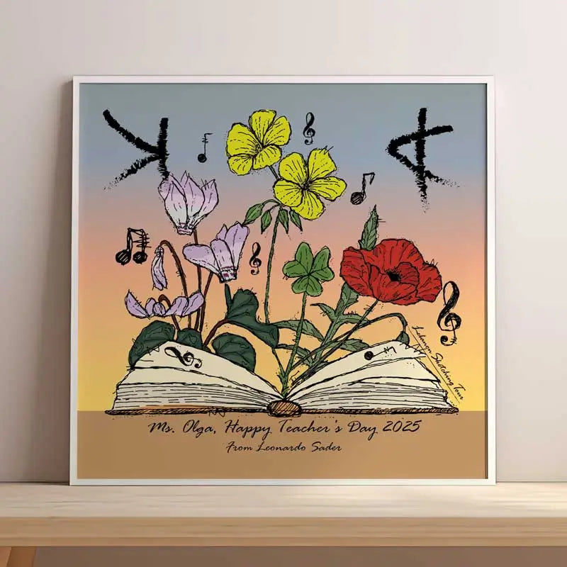 Teacher's Day gift ide poster with an open book and musical notes and on the background Lebanese flowers that bloom around teacher's day date as well